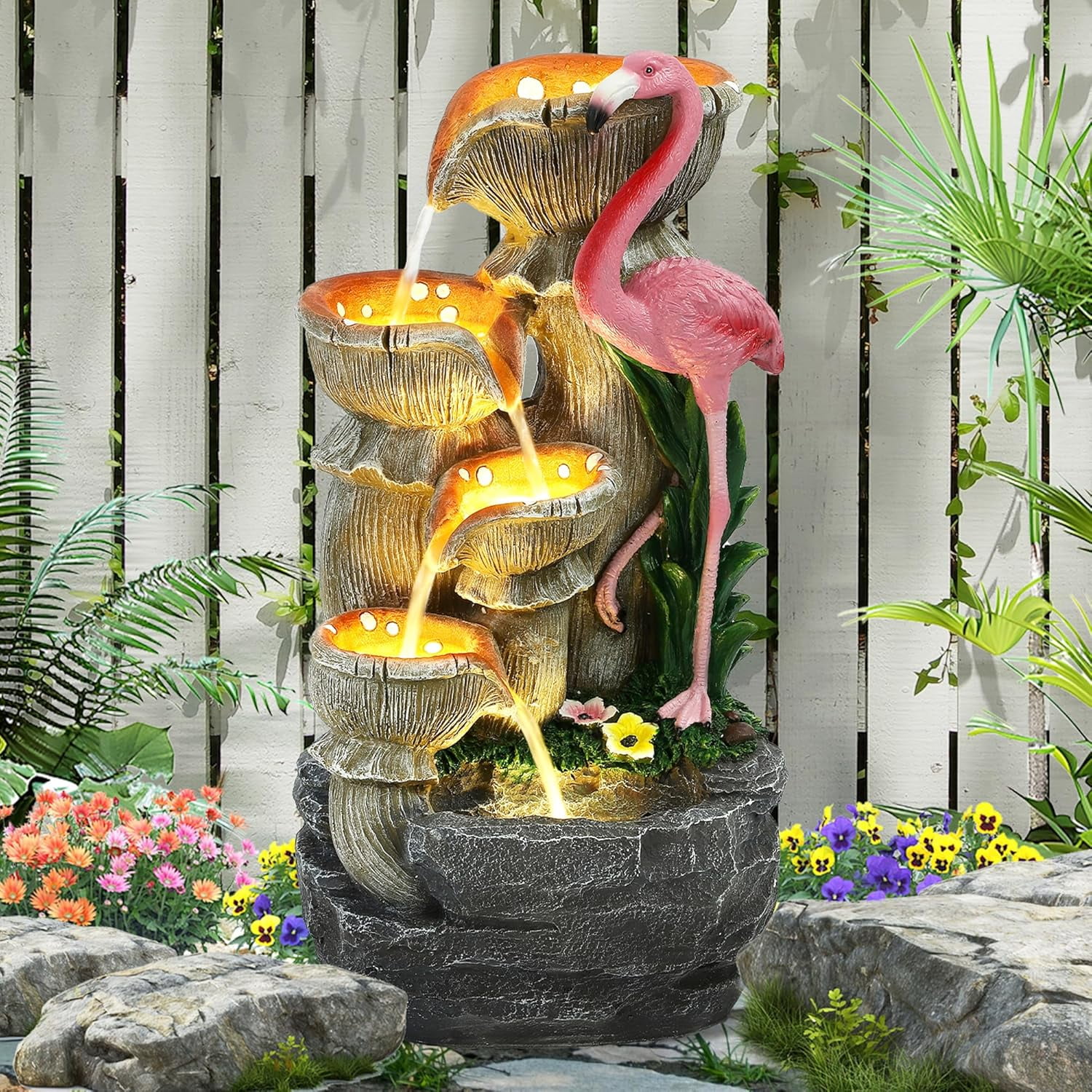 5 Tier Outdoor Garden Water Fountain, 25" H Waterfall Fountain with 5 LED Lights and Pump, Floor Standing Cascading Resin Fountains for Indoor and Patio Garden, Modern Flamingo Fountains, Pink