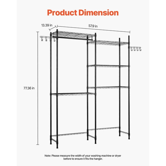 5 Tier Over The Washer and Dryer Shelf, Laundry Room Storage Rack with Hanging Rod and Hooks, Adjustable Space Saver, Black