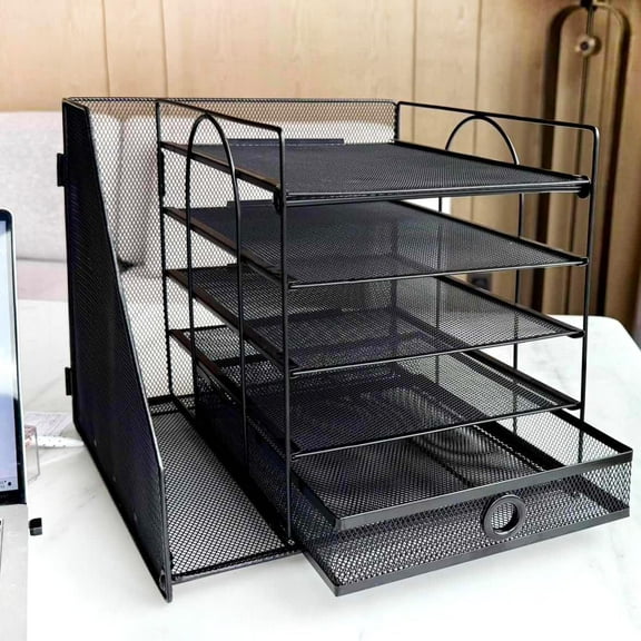 5-Tier Paper Letter Organizer with File Holder, Desk Organizer with Drawer, Mesh Desktop Storage with Magazine Holder for Office Supplies (Black)