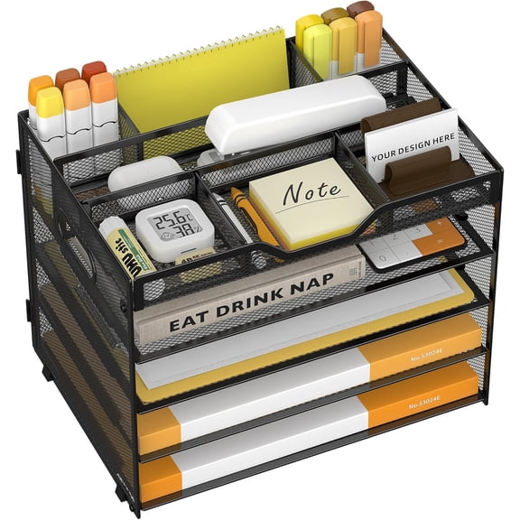 5 Tier Paper Letter Tray with 3 Drop-in Pen Holders, Mesh Desk File Organizer with Handle, Desk Organizers and Accessories for School,Home, Office Supplies Storage-Black