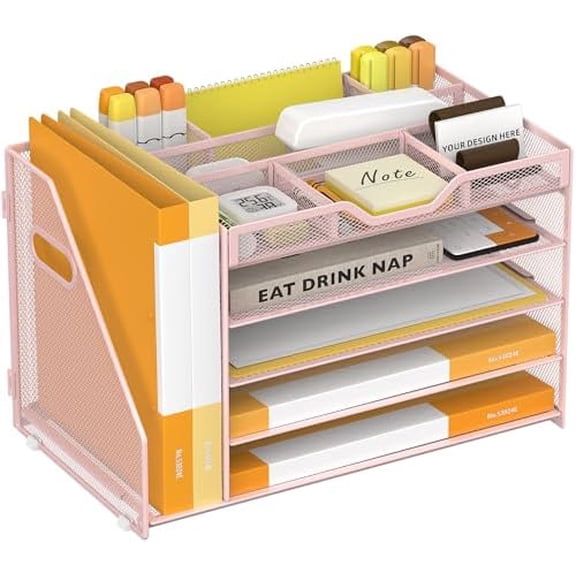 5 Tier Paper Letter Tray with File Holder and 3 Drop-in Pen Holders, Mesh Desk File Organizer with Handle, Desk Organizers and Accessories for School,Home, Office Supplies Storage-Pink
