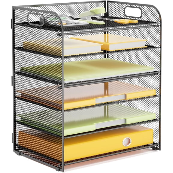 5 Tier Paper Letter Tray Organizer with Handles, Mesh Desk File Organizer Metal Paper Sorter Holder, Desktop Document Shelf Tray Storage Organization for Office School Home