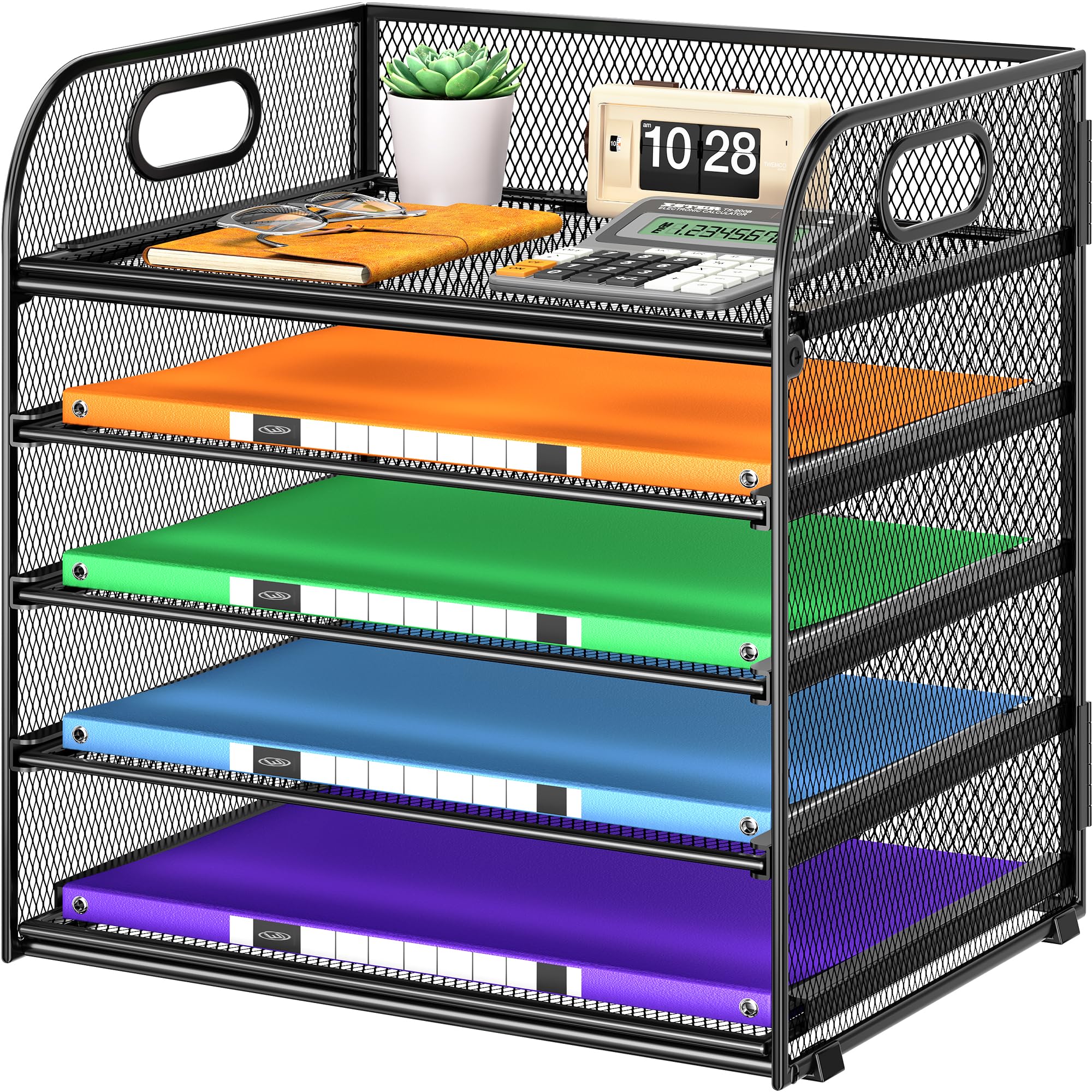 5 Tier Paper Organizer With Handle  Black Metal Mesh Desk File Folder Letter Tray Desktop Document Sorter For Classroom School Office Accessories Organization And Storage