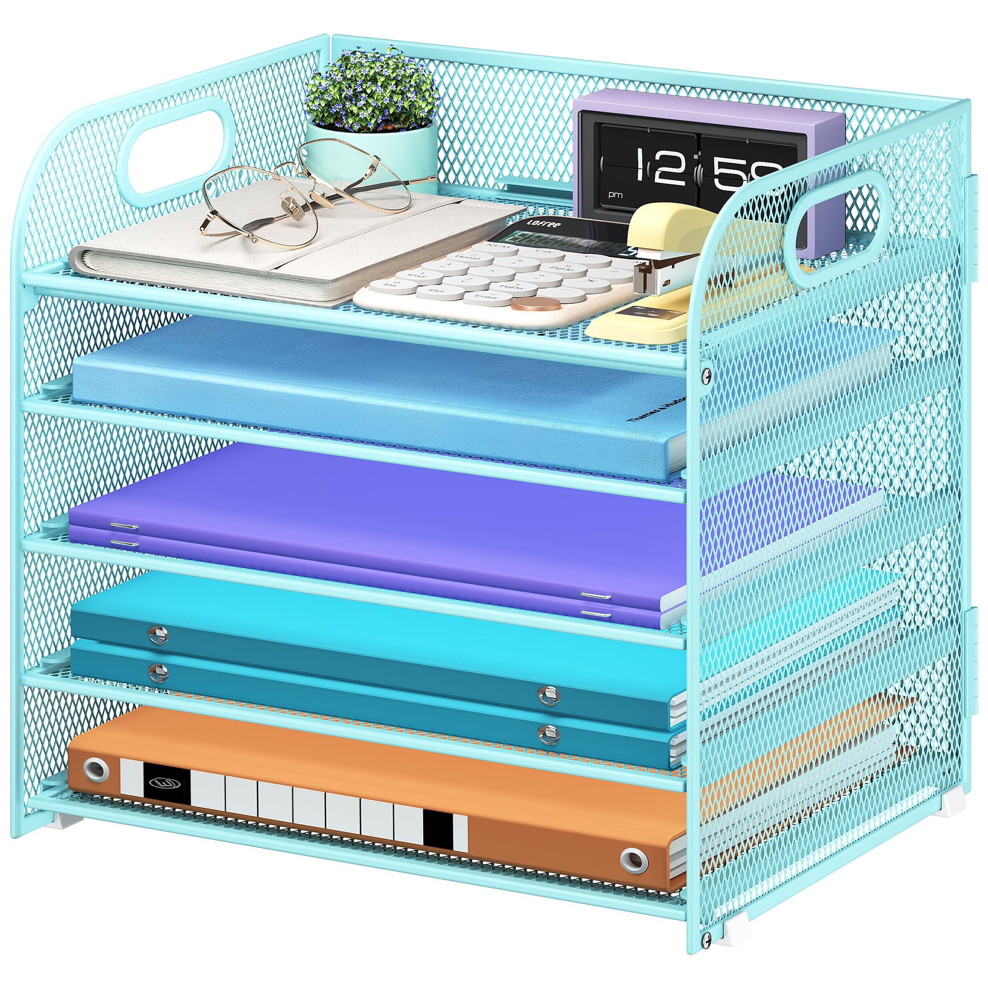 5 Tier Paper Organizer With Handle  Blue Metal Mesh Desk File Folder Letter Tray Desktop Document Sorter For Classroom School Office Accessories Organization And Storage