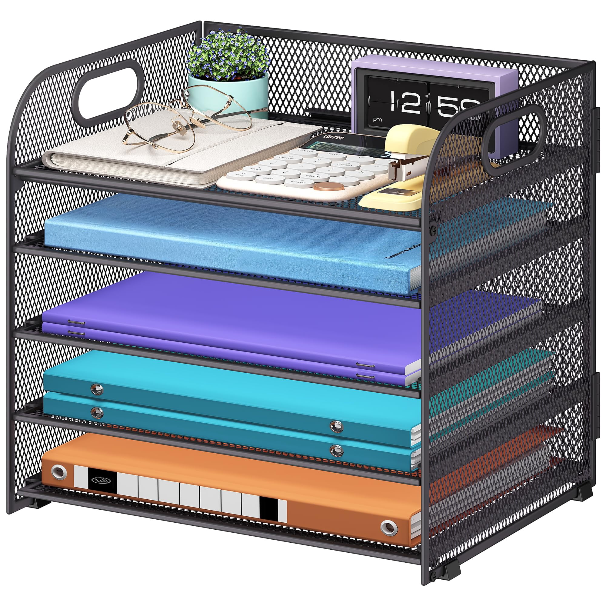 5 Tier Paper Organizer With Handle  Grey Metal Mesh Desk File Folder Letter Tray Desktop Document Sorter For Classroom School Office Accessories Organization And Storage