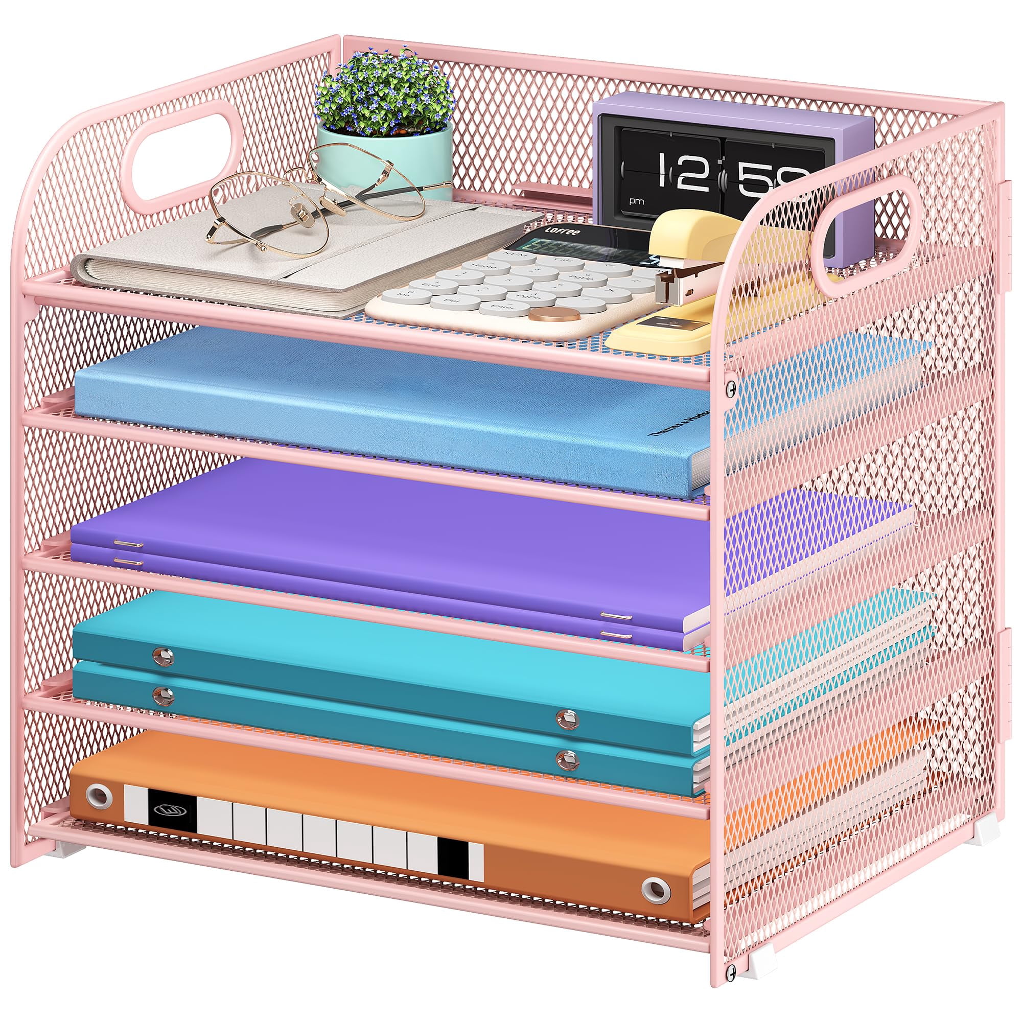5 Tier Paper Organizer With Handle  Pink Metal Mesh Desk File Folder Letter Tray Desktop Document Sorter For Classroom School Office Accessories Organization And Storage