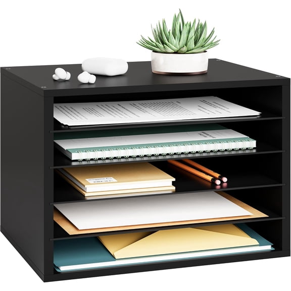 5 Tier Paper Organizer Letter Tray, Wood Desk File Organizer with Adjustable Shelves, Home Office School Letter/A4 Mail Sorter Magazine Holder - Black