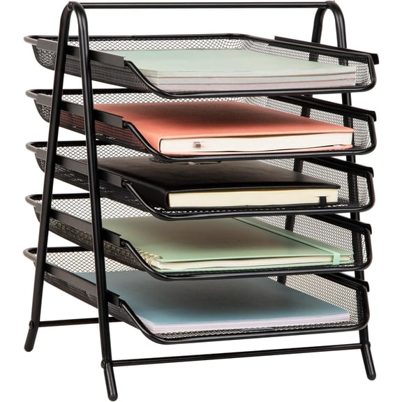 5-Tier Paper Tray Organizer, Vertical Desktop File Storage Rack, Office, Metal Mesh, Black