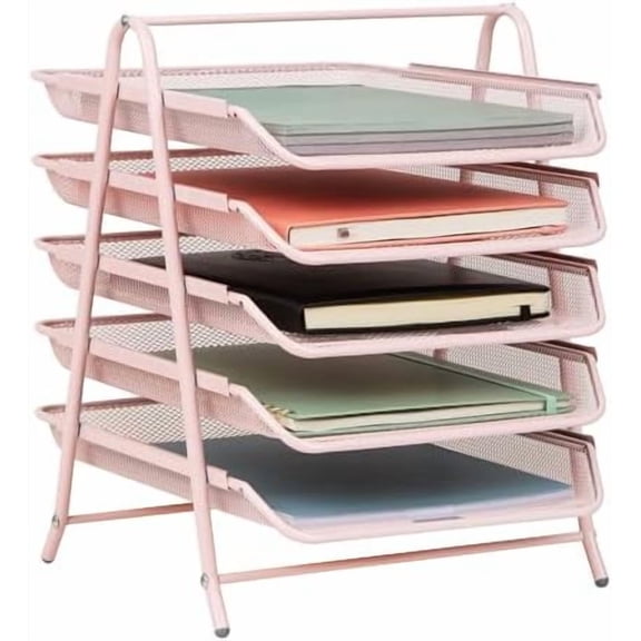 5-Tier Paper Tray Organizer, Vertical Desktop File Storage Rack, Office, Metal Mesh, Pink