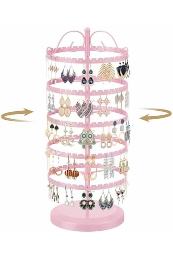 5 Tier Pink Earring Holder Organizer Tree Women Display Storage for Stud and Hoop, Large Cool Rotating Clip Stand for Pierced and Dangle Earring, Vertical Metal Tower Carousel with 400 Holes