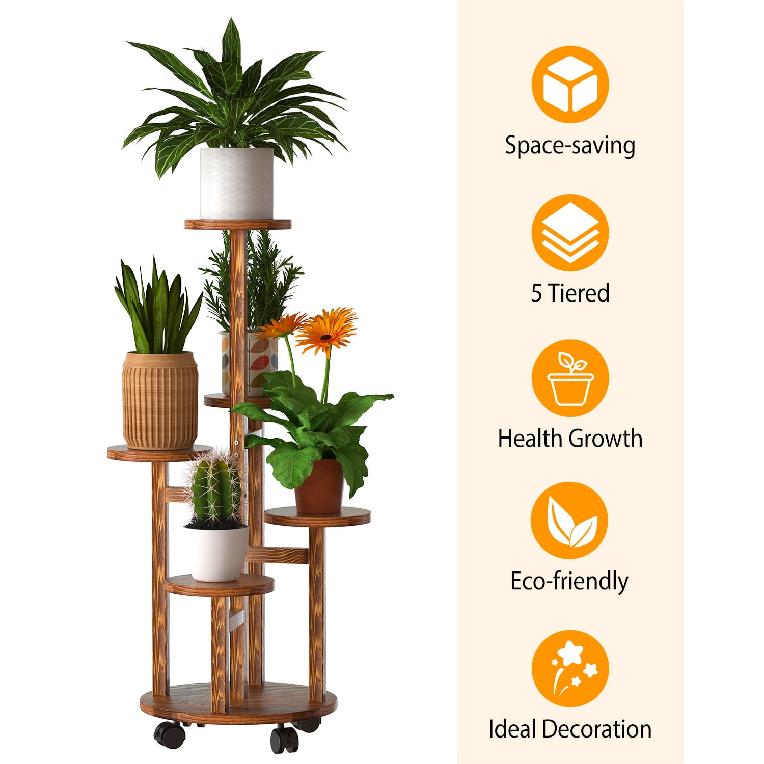 5 Tier Plant Stand with 4 Detachable Wheels TeqHome Wooden Plant Pot Rolling Shelf for Multiple