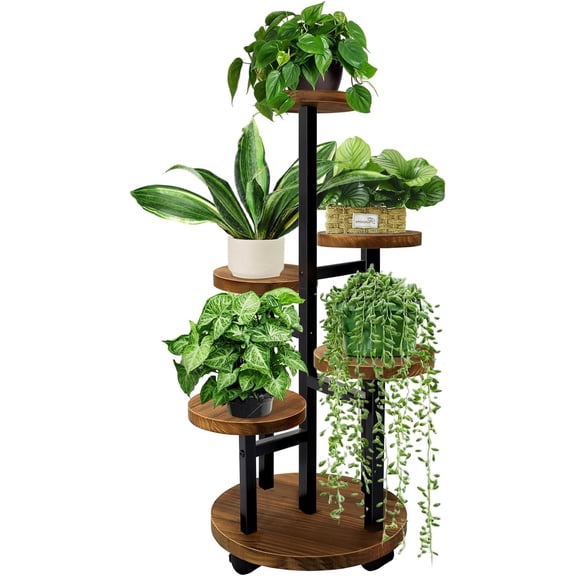 5 Tier Plant Stand With 4 Wheels, Cuopluber Metal Wood Tall Plant Stands For Indoor Plants Multiple, Corner Tiered Flower Plants Shelf Stand for Living Room Bedroom, Brown