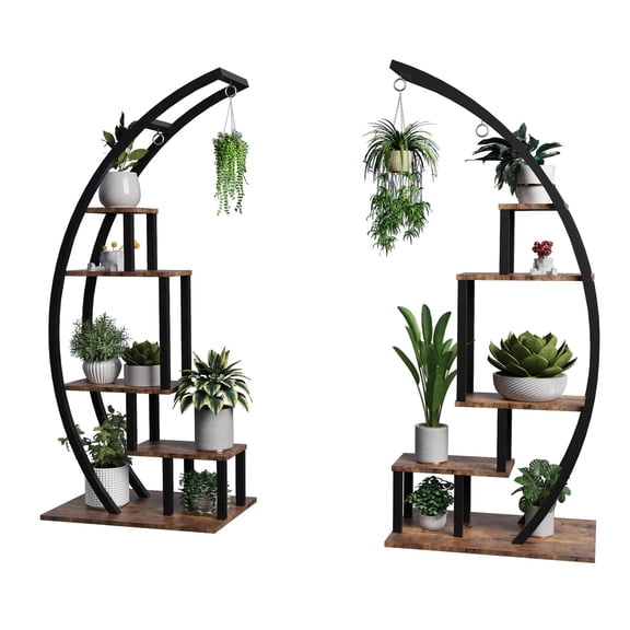 5-Tier Plant Stand Indoor Clearance, 56" Tall 2 Pack Half Moon Metal Plants Shelf ,Large Plant Rack for Multiple Plants Hanging Display, Curved Plant Holder for Living Room, Balcony, Patio, Brown