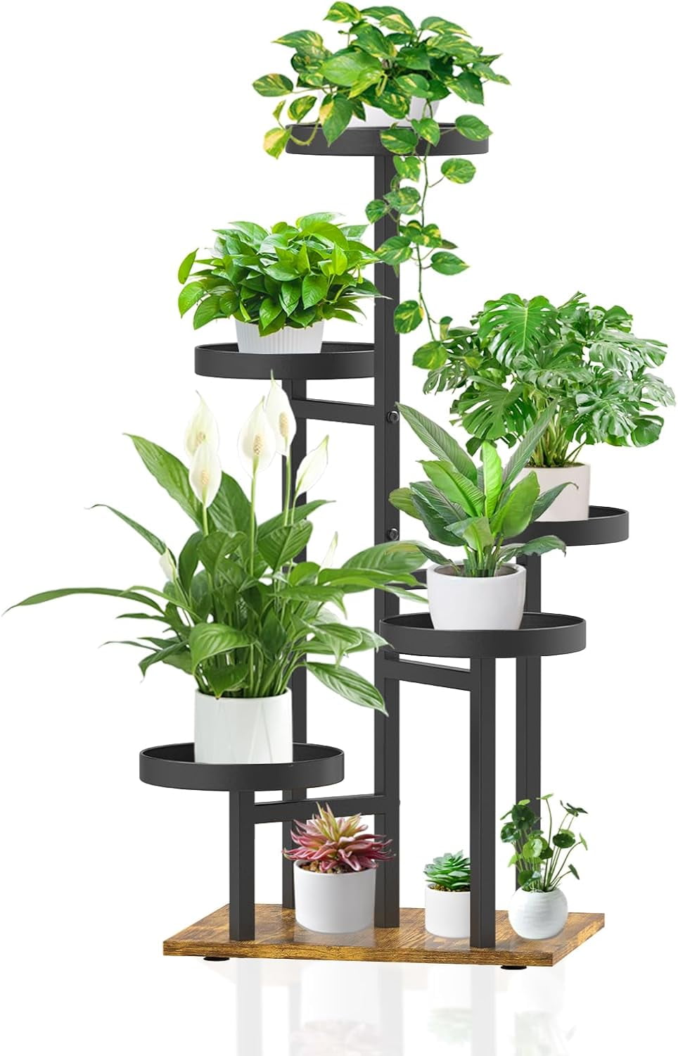 Black 5-Tier Metal and Wood Indoor Plant Stand
