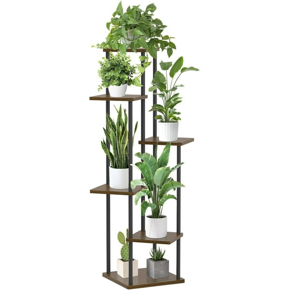 5 Tier Plant Stand Indoor, Metal Wood Flower Holder, Heavy Duty Tall Round Multiple Shelf, Sturdy Spiral Planter Orchid Display Rack for House Living Room Patio Corner Bathroom, Modern Black