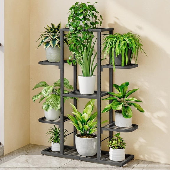 5 Tier Plant Stand Indoor Outdoor, Metal Corner Plant Shelf w/ Grid Design, Space Saving Plant Holder for Patio Balcony Garden, Grey & White
