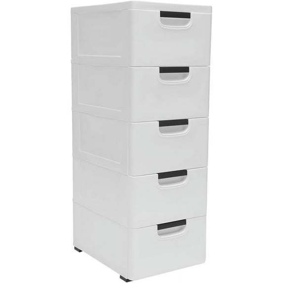 5 Tier Plastic Drawers Dresser, Tall Dresser Clothes Storage Cabinet Organizer with Wheels, Closet Portable Drawer Decorative Furniture for Home Bedroom Hallway, 30×40×84cm (White)