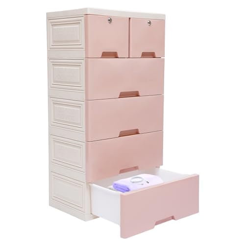 5 Tier Plastic Drawers Storage with Lock, 6 Drawer Stackable Fabric Storage Tower Bedroom Furniture, Plastic Storage Drawers Mobile Cabinet, 13.7"D x 19.7"W x 40.2"H, Pink
