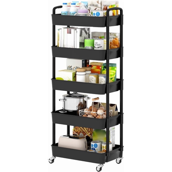 5-Tier Plastic Rolling Utility Cart with Handle, Multi-Functional Storage Trolley for Office, Living Room, Kitchen, Movable Storage Organizer with Wheels, Black