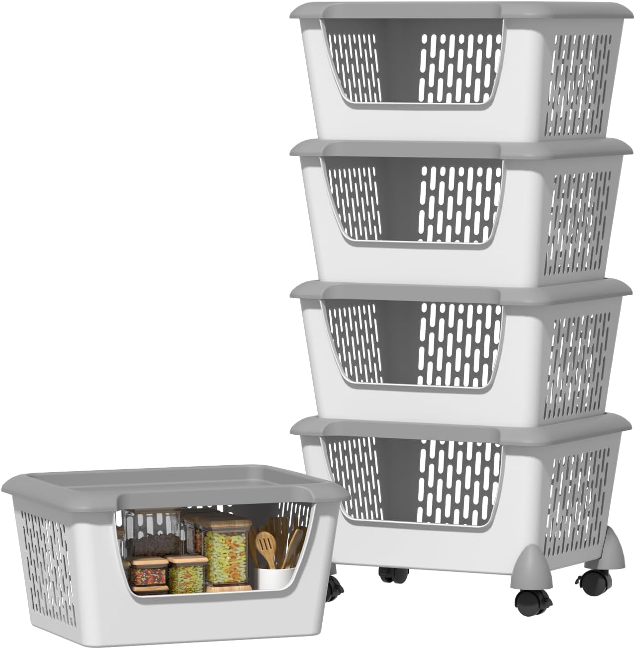 5 Tier Plastic Stackable Storage Baskets with Wheels, Grey Large