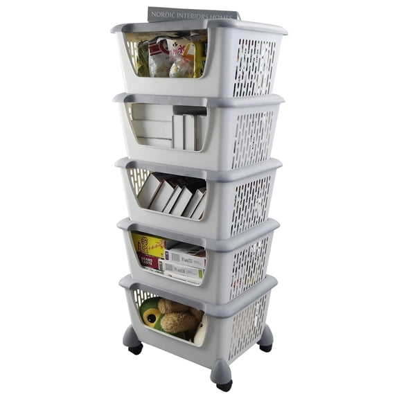 5-Tier Plastic Stackable Storage Bins for Pantry, Stacking Organizing Baskets with Wheels