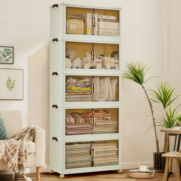 5 Tier Plastic Storage Bins with Lid 48QT, Stackable Storage Containers with Wheels, Folding Storage Boxes, with Magnetic Doors for Home,Office, Dorm Room