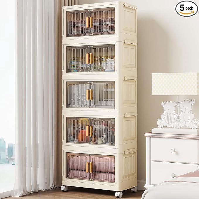 5 Tier Stackable Plastic Storage Bins with Lids, Collapsible Closet ...
