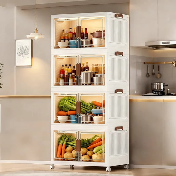 5-Tier Plastic Storage Cabinet with Clear Doors, Foldable Kitchen Pantry Organizer on Wheels
