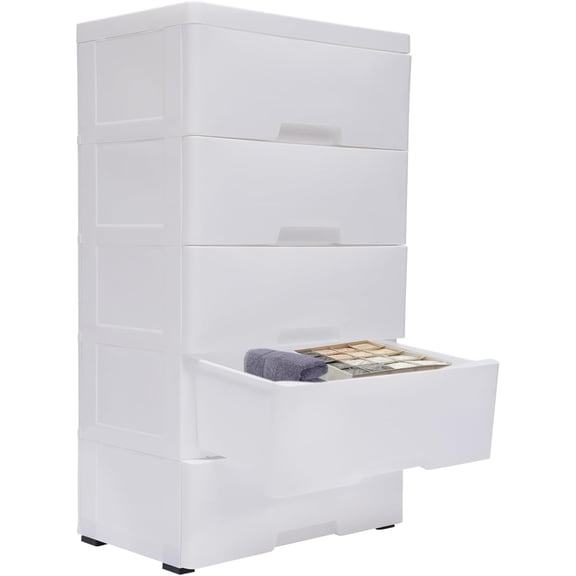 5 Tier Plastic Storage Drawers, Stackable Dresser, 5 Drawer Stackable Storage Drawers Vertical Clothes Storage Tower Tall Chest Closet, Organizer Unit for Hallway Entryway Home (White)