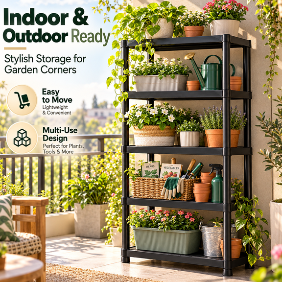 5-Tier Plastic Storage Shelves | Black, Freestanding, Sturdy Construction, Suitable for Basement and Workshop, Organizes Tools, Equipment, Supplies, Utility Shelves