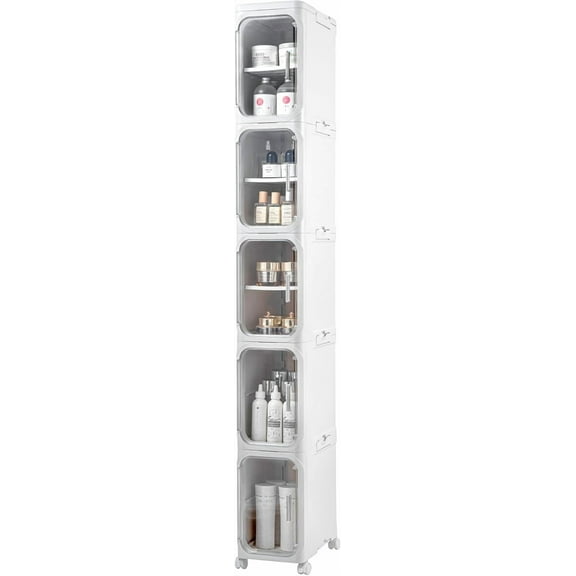 5-Tier Plastic Tall Narrow Storage Cabinet with Adjustable Shelves and Movable Wheels, Magnetic Doors, Slim Bathroom Storage Organizers for Small Space, Bathroom, Kitchen, Laundry, White