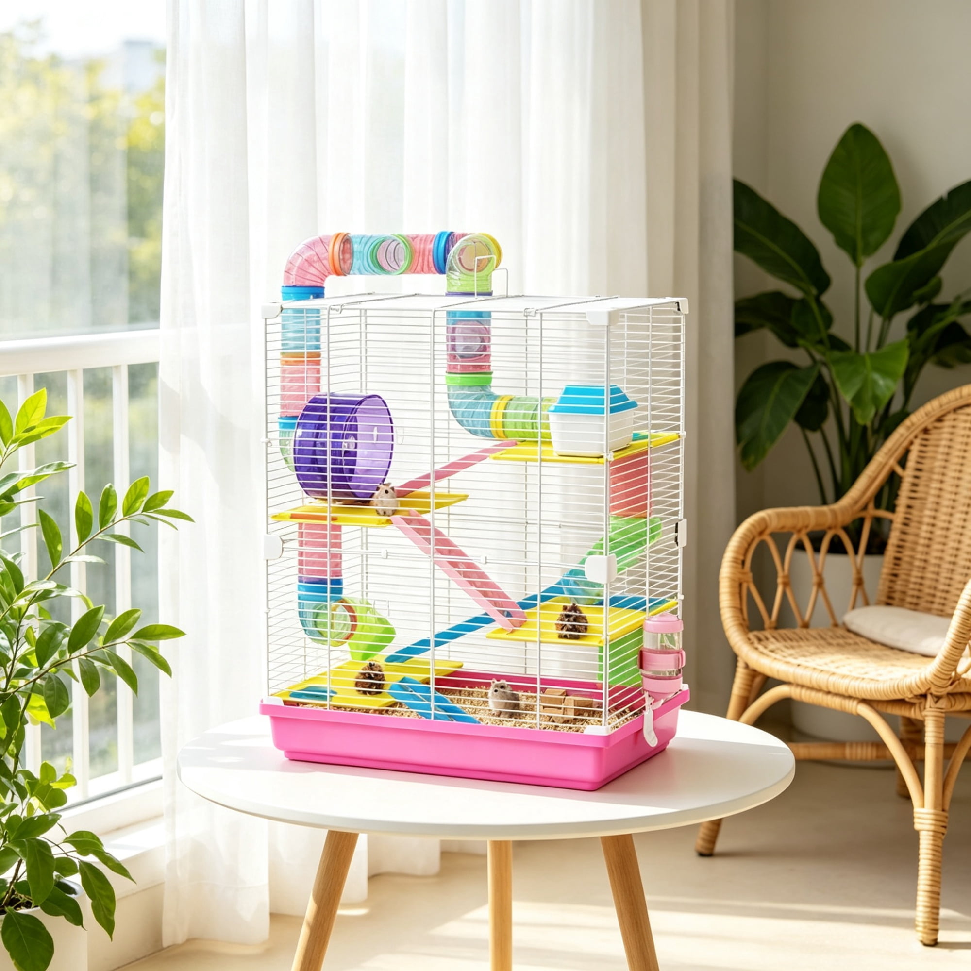 5-Tier Portable Hamster Cage for Short Trip Outing, Small Animal Travel Carrier with Tunnel Tubes, Pink