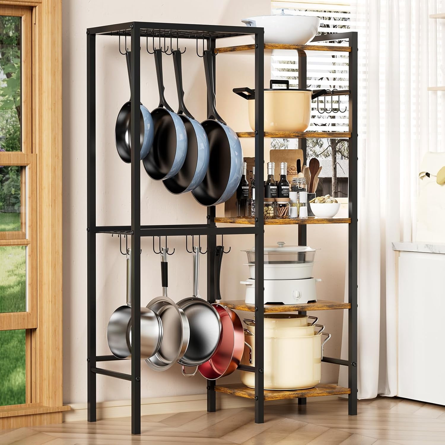 Pot Flash Card 5-Tier Pot and Pan Organizer Rack with Hooks, Heavy-Duty Kitchen ...