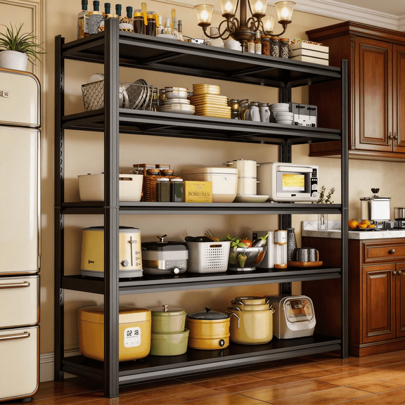 5 Tier Pot Pan Rack Adjustable Heavy Duty Pot and Pan Organier Storage Shelf Heat Resistant 36"W x 78"H Black Metal Shelf with Storage 3000LBS Racks for Frying Pan Kitchen Pantry Dinning Room