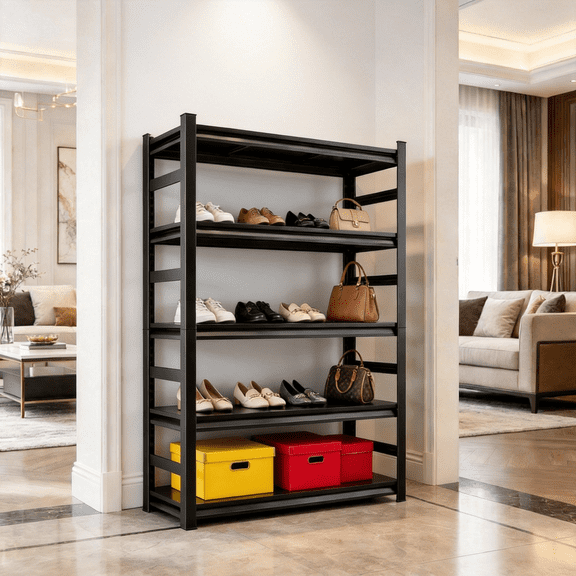 5 Tier Pot Pan Rack Adjustable Heavy Duty Pot and Pan Organier Storage Shelf Heat Resistant 48"W x 87"H Black Metal Shelf with Storage 3000LBS Racks for Frying Pan Kitchen Pantry Dinning Room