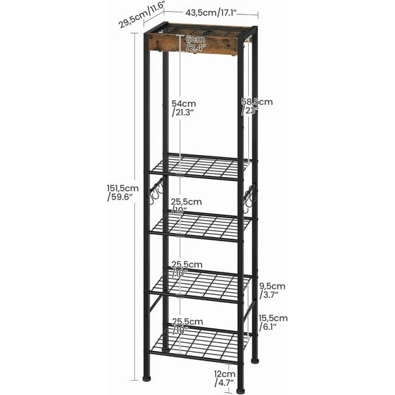 5-Tier Pot Rack, Floorstanding Pots and Pans Organizer, Kitchen Bakers Rack, Kitchen Island Table, Pots and Pans Organizer, Storage Stand, for Living Room, Rustic Brown and Black TPR16BF
