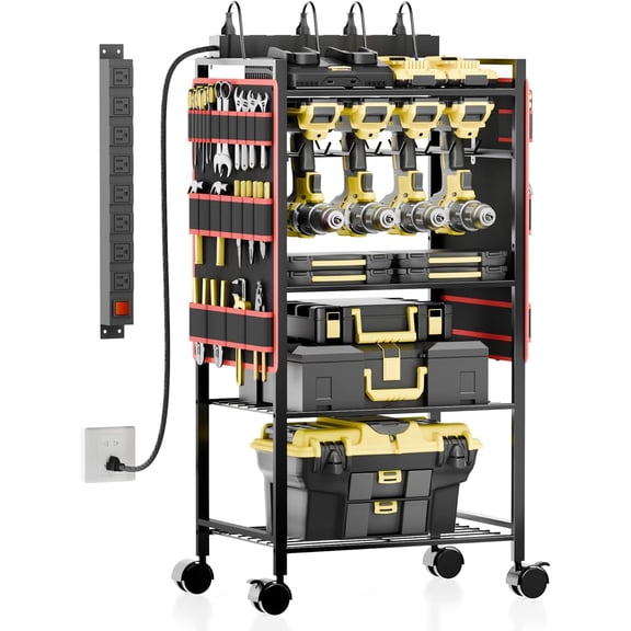 5-Tier Power Tool Organizer Cart with Charging Station - 8 AC Outlets, 300 lbs Heavy Duty Utility Rack, Rolling Drill Holder & Tool Storage Cart on Wheels for Garage, Workshop, Gift,Red