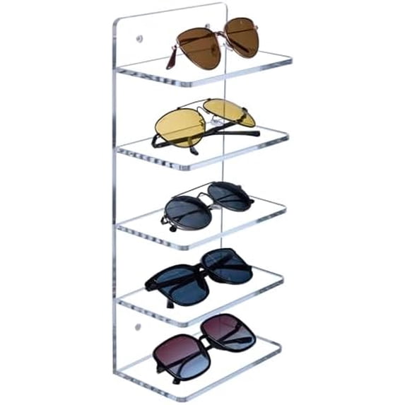 5 Tier Premium Clear Acrylic Sunglasses Holder Rack, Wall Mounted Eye Glasses Shelf or Tabletop Display Stand, Retail Eyewear Showcase Storage Organizer