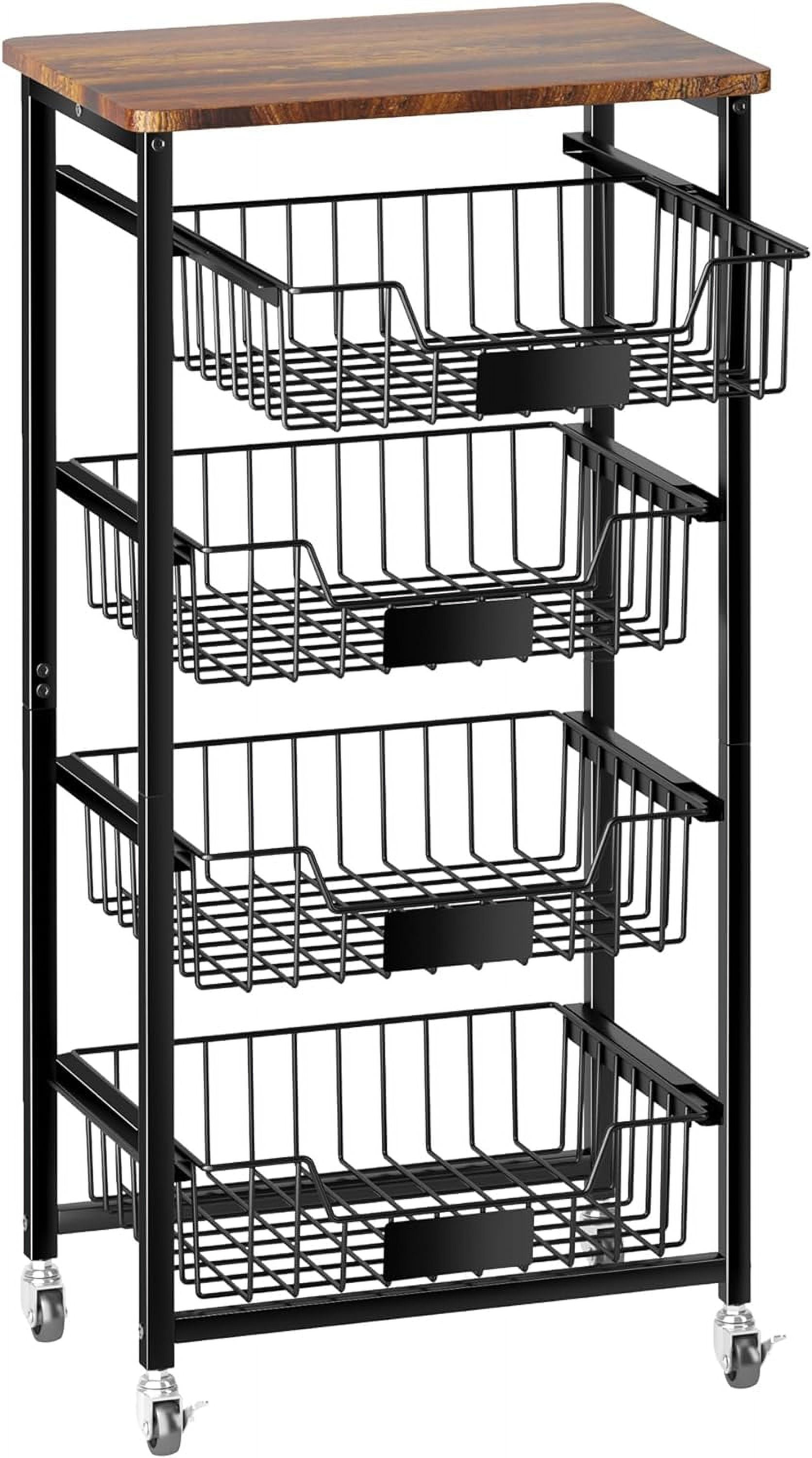5-Tier Pull-Out Basket Kitchen Cart on Wheels  Rolling Pantry Organizer with Wood Top for Vegetables, Snacks & More