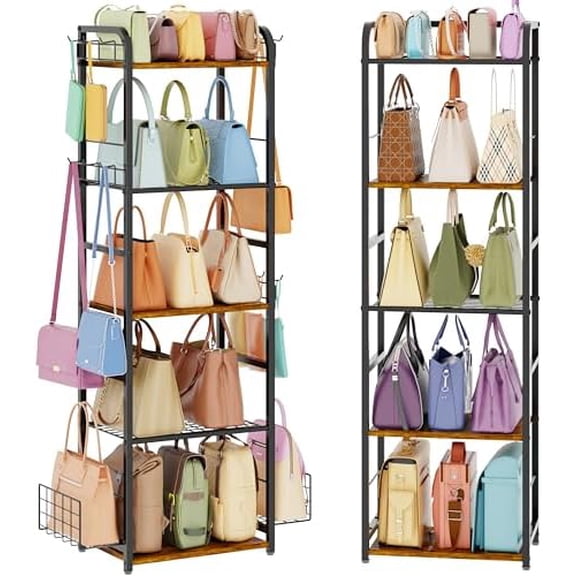 5-Tier Purse Organizer for Closet, Tall Purse Rack Stand for Purse Storage, Metal & Wood Handbag Organizer with 4 Side Hooks and 2 Baskets, Space-Saving Narrow Purse Shelf for Small Space, Bedroom