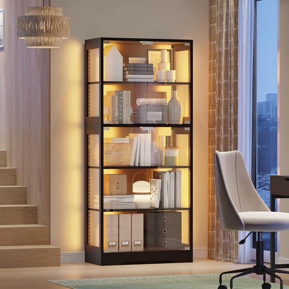 5-Tier RGB LED Display Case with Pop-Up Glass Door, Black App controllable lights, large multi-tier storage, handle-free design, multi-room decor, collectible storage