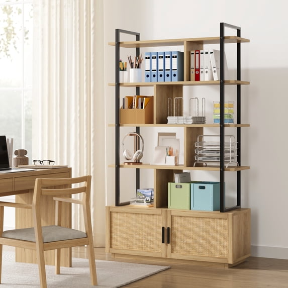 5 Tier Rattan Book Shelf with Open Display Shelves, 71.1 Inch Tall Industrial Book Shelf with Storage Cabinet & Door, 5 Shelf Bookcase with Metal Frame for Living Room, Bedroom