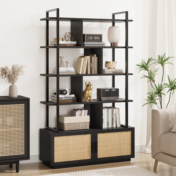 5 Tier Rattan Book Shelf with Open Display Shelves, 71.1 Inch Tall Industrial Book Shelf with Storage Cabinet & Door, 5 Shelf Bookcase with Metal Frame for Living Room, Bedroom