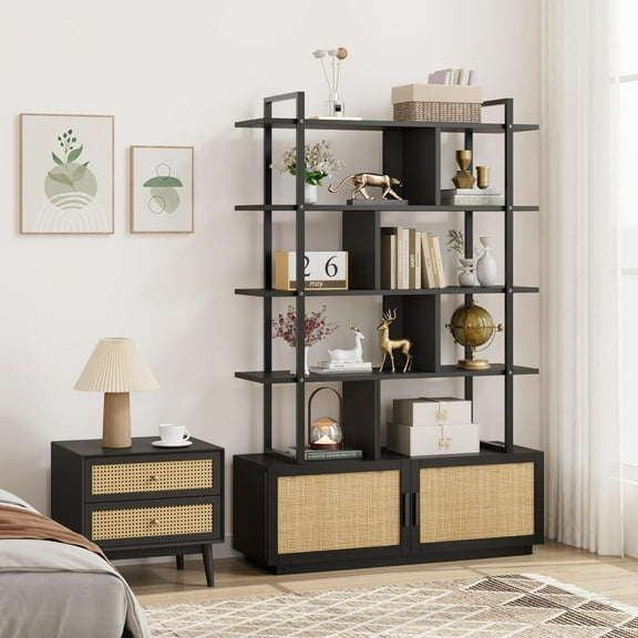5 Tier Rattan Bookshelf, 71.1 In Industrial Bookcase with Storage Cabinet & Door, 5 Shelf Bookcase with Metal Frame, Open Display Shelves, for Living Room, Bedroom