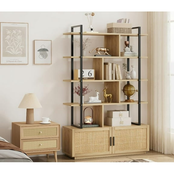 5 Tier Rattan Bookshelf, 71.1 In Industrial Bookcase with Storage Cabinet & Door, 5 Shelf Bookcase with Metal Frame, Open Display Shelves, for Living Room, Bedroom