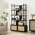 thumbnail image 1 of 5 Tier Rattan Bookshelf with Storage Cabinet & Door, 71.1 Inch Tall Industrial Book Shelf with Open Display Shelves, 5 Shelf Bookcase with Metal Frame for Living Room, Bedroom, 1 of 9