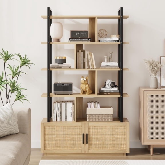 5 Tier Rattan Bookshelf with Storage Cabinet & Door, 71.1 Inch Tall Industrial Bookcase with Open Shelves, Wood and Metal Storage Organizer Display Bookshelves for Living Room, Bedroom, Home Office