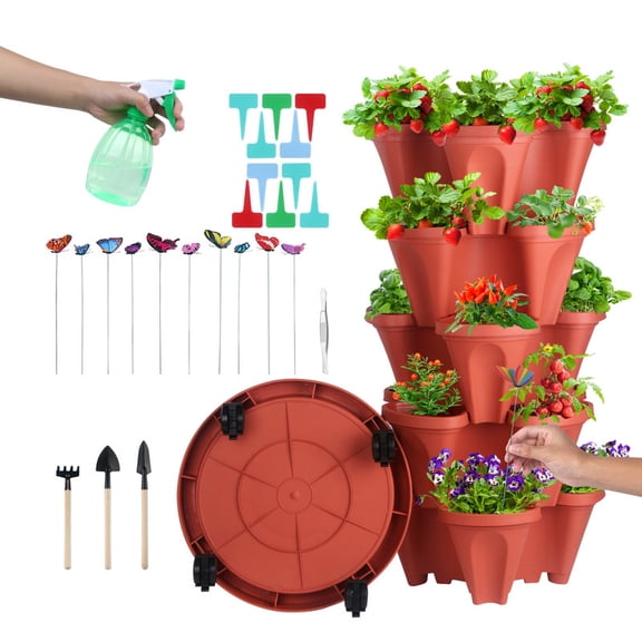 5 Tier Red Stackable Strawberry Planter Garden Tower for Vegetables Flowers Herbs Succulents Vertical Oasis Grow Your Own