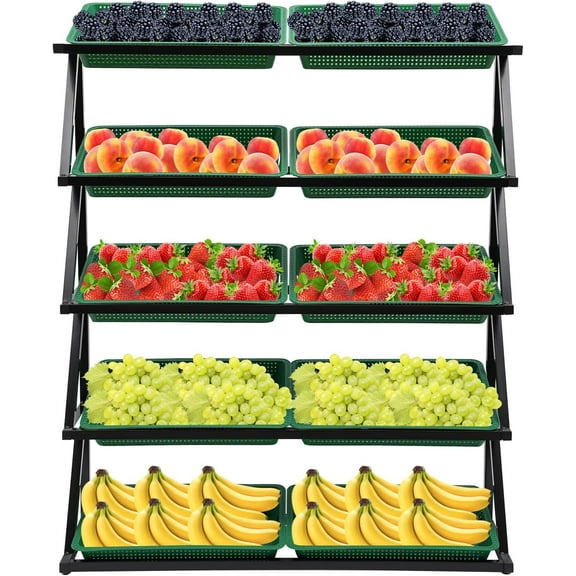 5 Tier Retail Display Rack, Fruit Vegetable Snack Retail Basket Shelf Market Retail Display Shelf Fruit Vegetable Storage Basket Stand for Stores Supremarket Kitchen