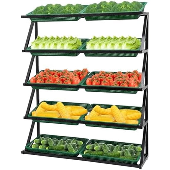 5 Tier Retail Display Rack Market Shelf, Fruit Vegetable Storage Basket Stand Fruit Vegetable Snack Retail Basket Rack Set for Kitchen, Office, Store, Supremarket (Green Basket)
